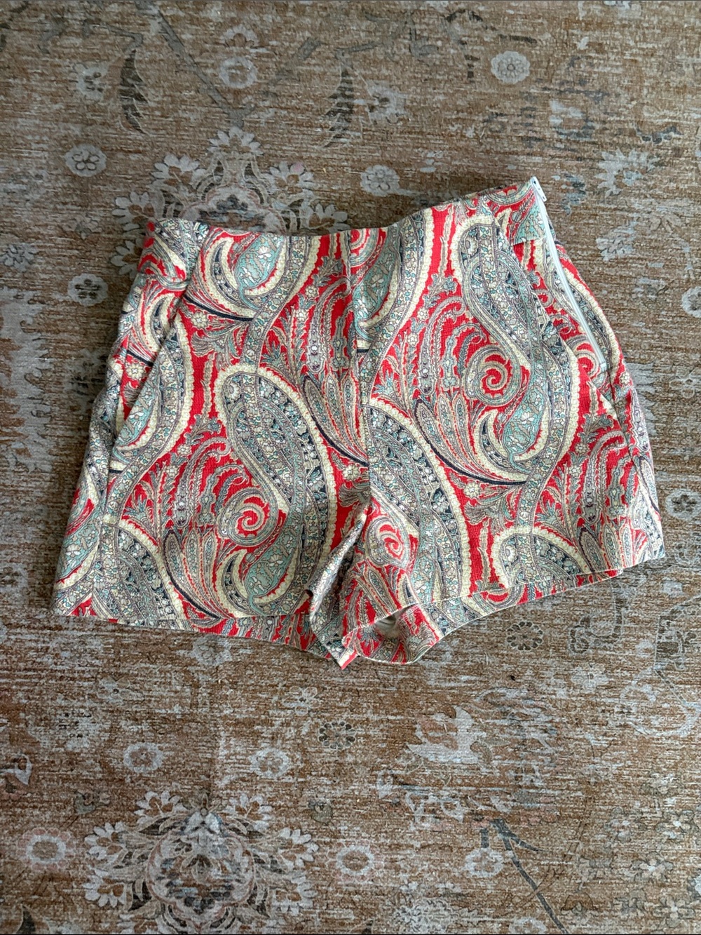 Zara High-Waist Paisley Shorts - Red & Cream